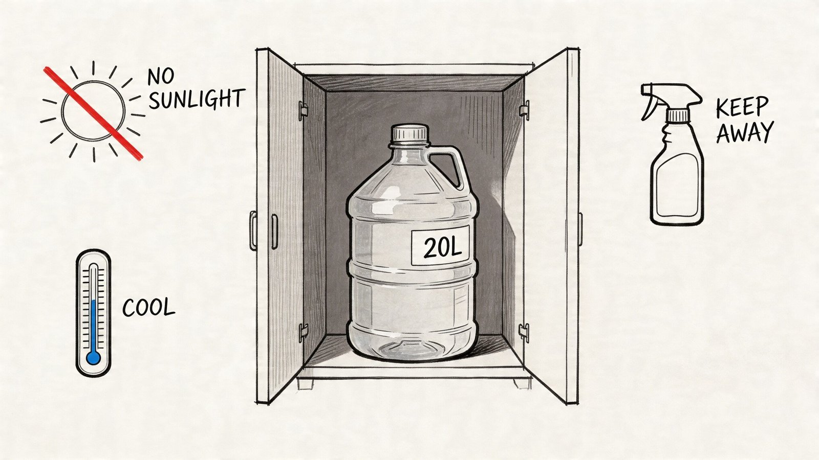 A diagram illustrating safe storage instructions for a large 20-liter water bottle in a cabinet.