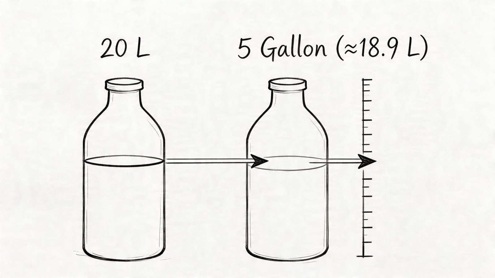 A comparison illustration showing a 20 liter bottle filled higher than a 5 gallon bottle of 18.9 liters.