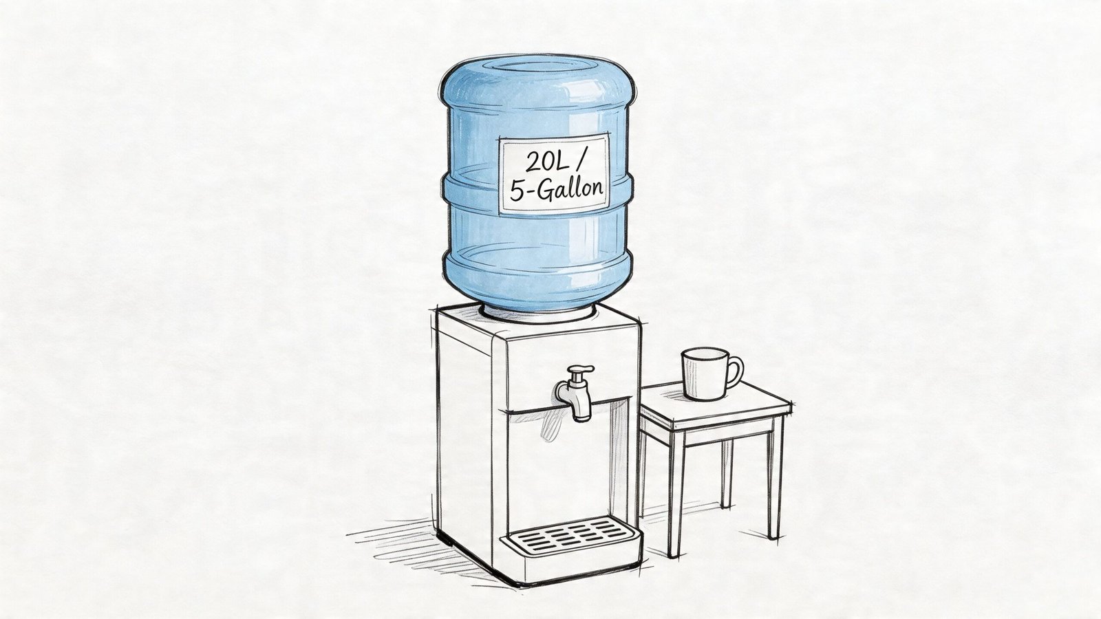 A hand-drawn illustration of a water cooler with a large blue jug sitting on top.