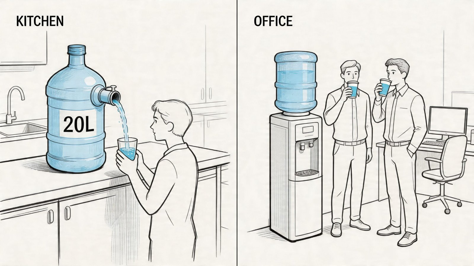A split image showing a kitchen with a 20 liter water bottle and an office water cooler.