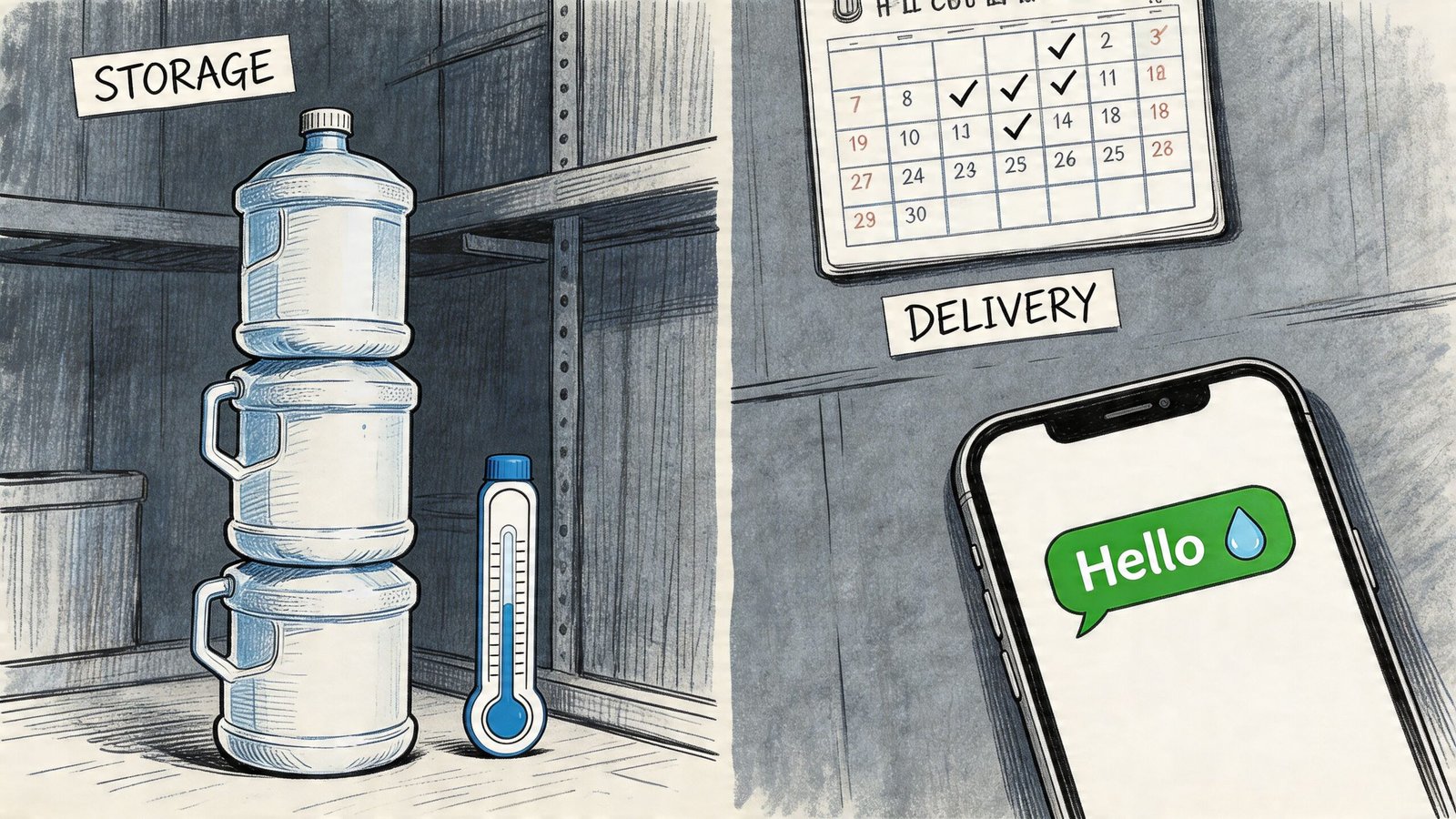 A hand-drawn illustration showing water storage on shelves, a delivery calendar, and a phone with a message.