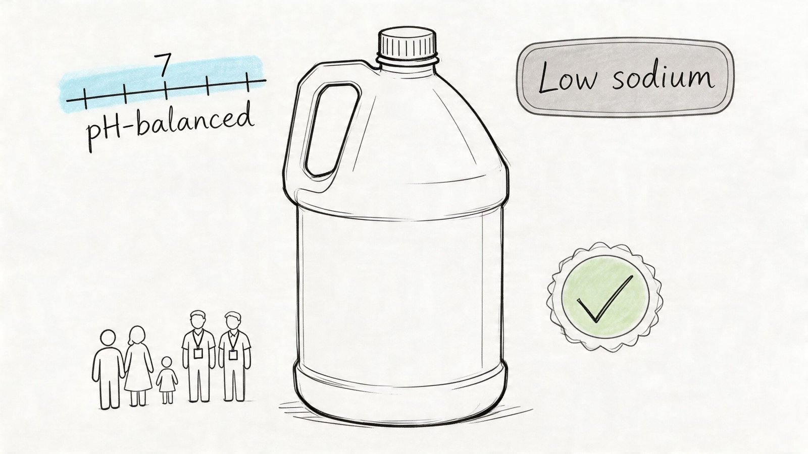 A line art illustration of a water jug featuring a pH-balanced scale and low sodium label.