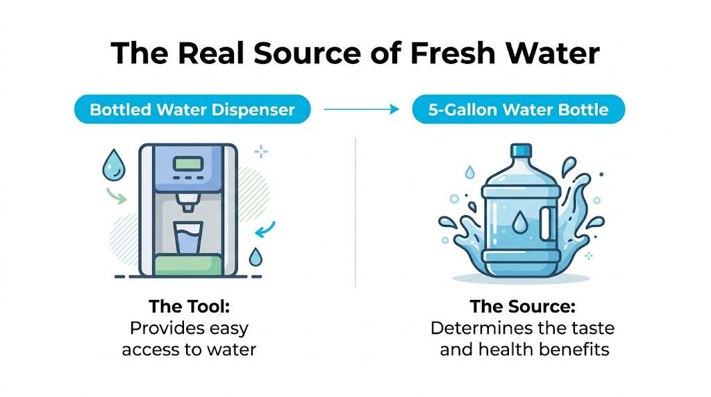 An infographic showing the difference between a bottled water dispenser tool and a 5-gallon water source.