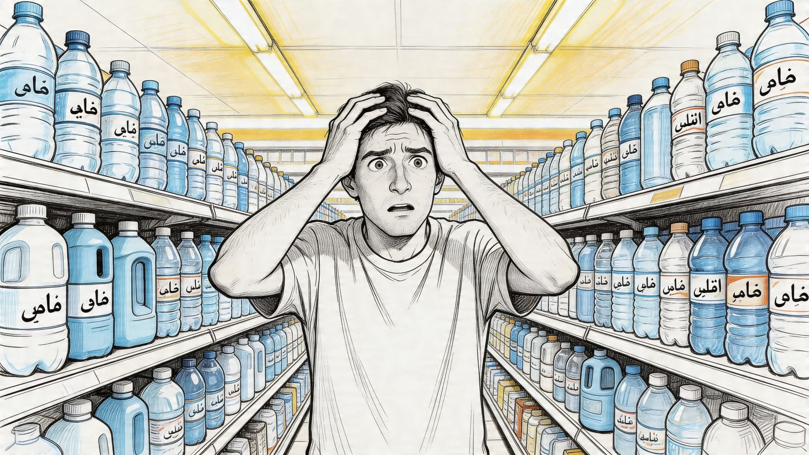 A confused young man standing in a supermarket aisle surrounded by many different brands of bottled water.