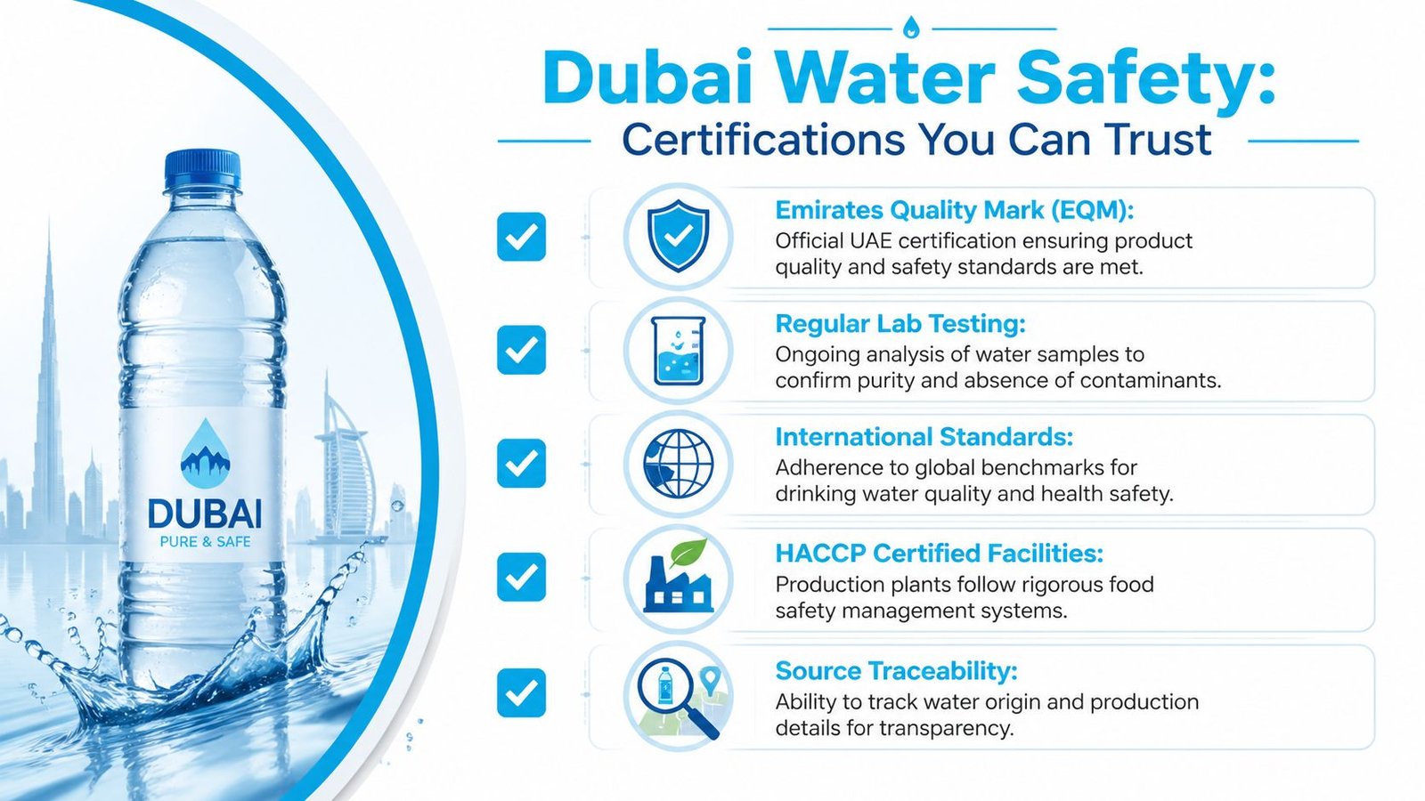 A water bottle stands in front of Dubai landmarks, illustrating five key quality and safety certification standards.