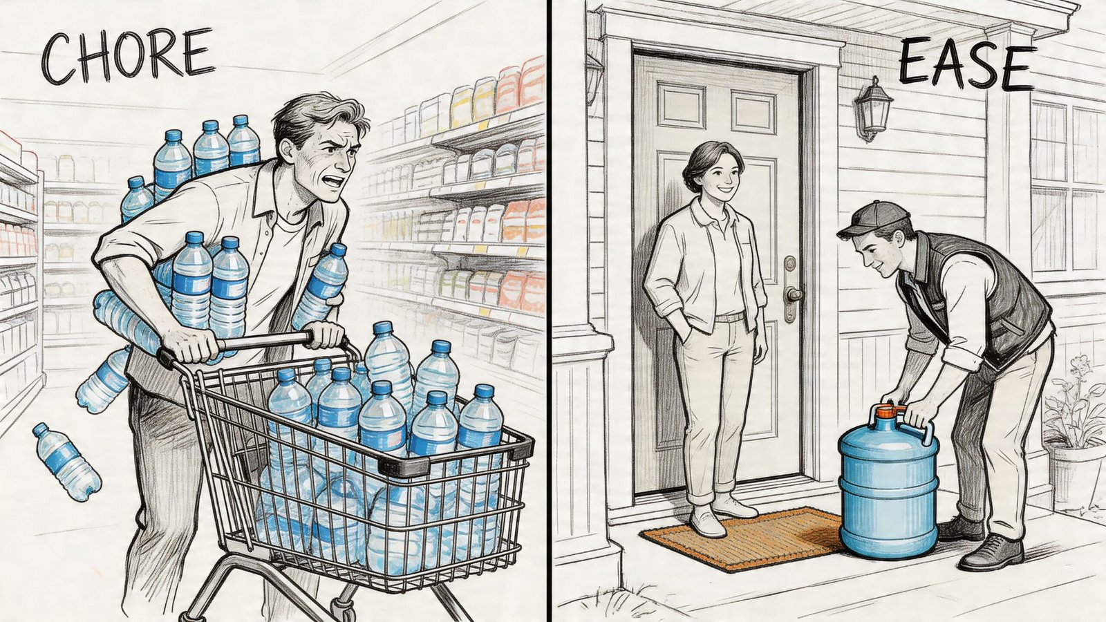 A split image showing a frustrated man carrying heavy water bottles versus a convenient home water delivery.