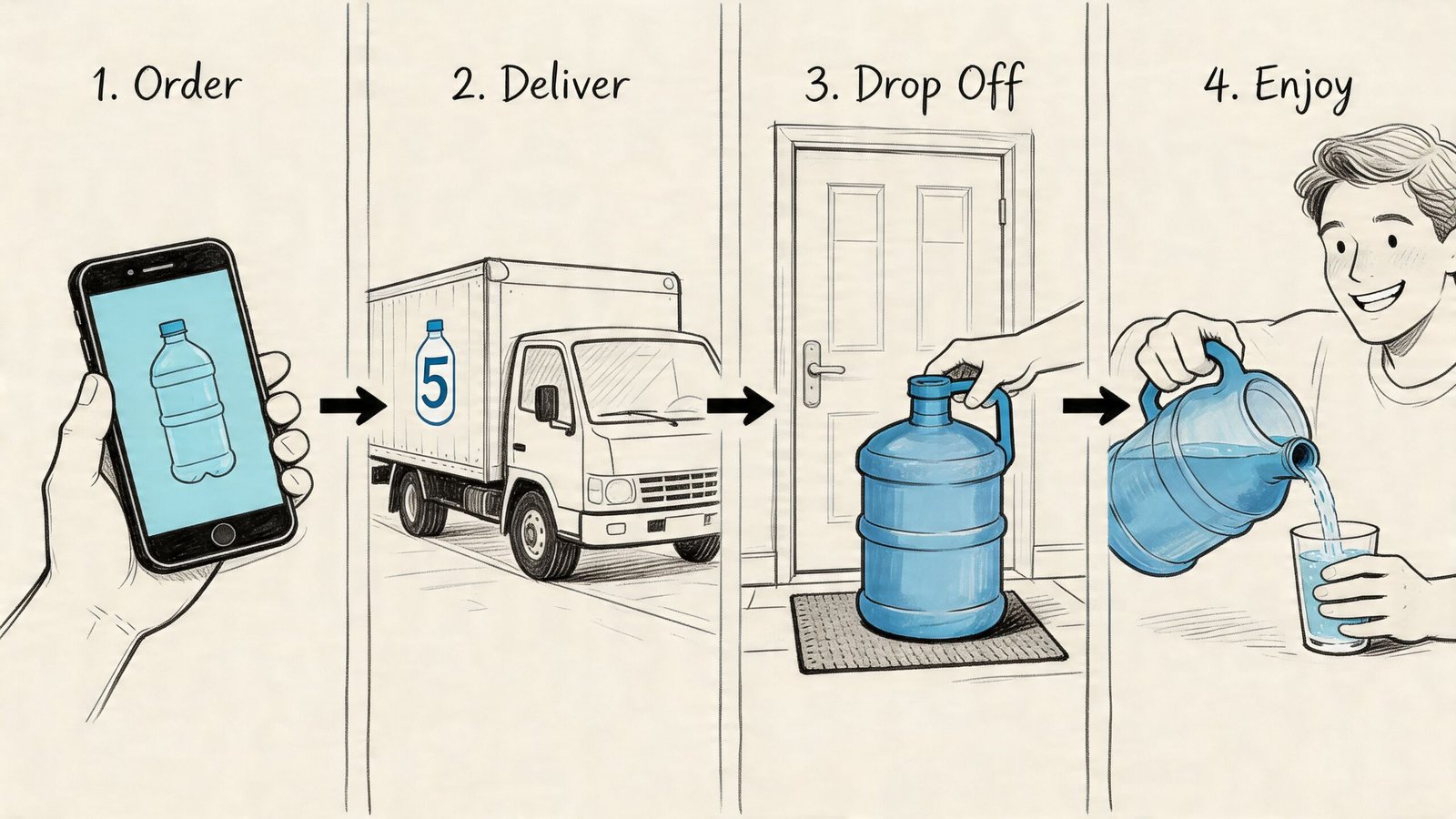 A four-step infographic showing the process of ordering, delivering, dropping off, and enjoying bottled water delivery.