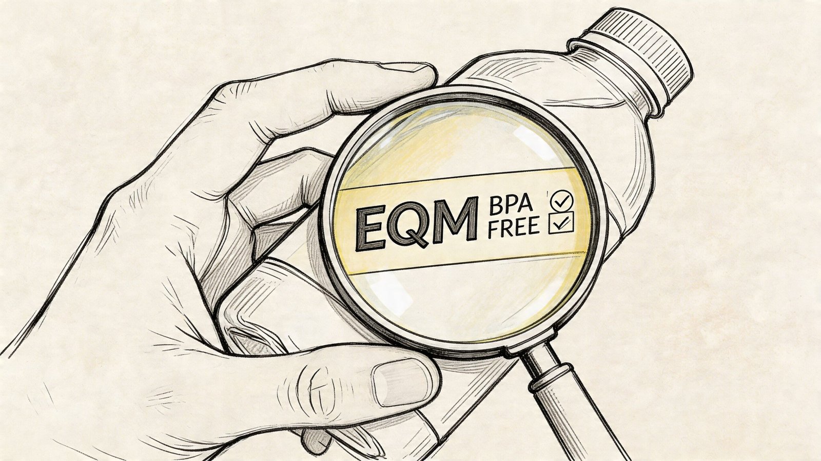 A hand holding a magnifying glass over a plastic water bottle labeled EQM BPA free.