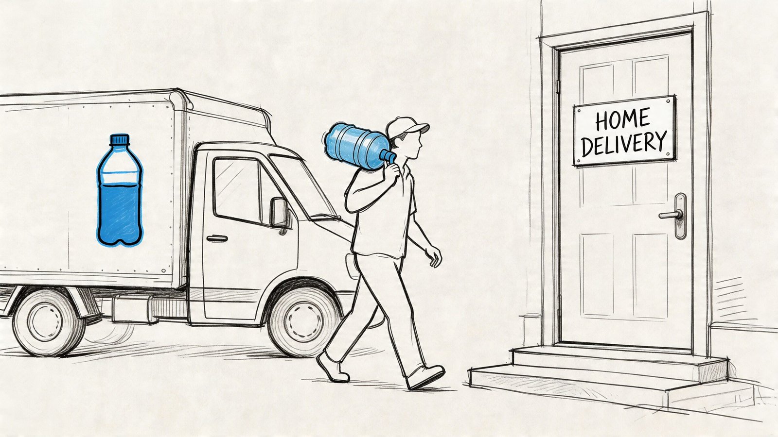 A delivery person carries a large water jug toward a door labeled with a home delivery sign.