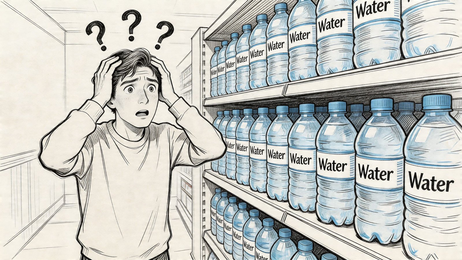 A confused young man standing in front of store shelves filled with many identical bottles of water.