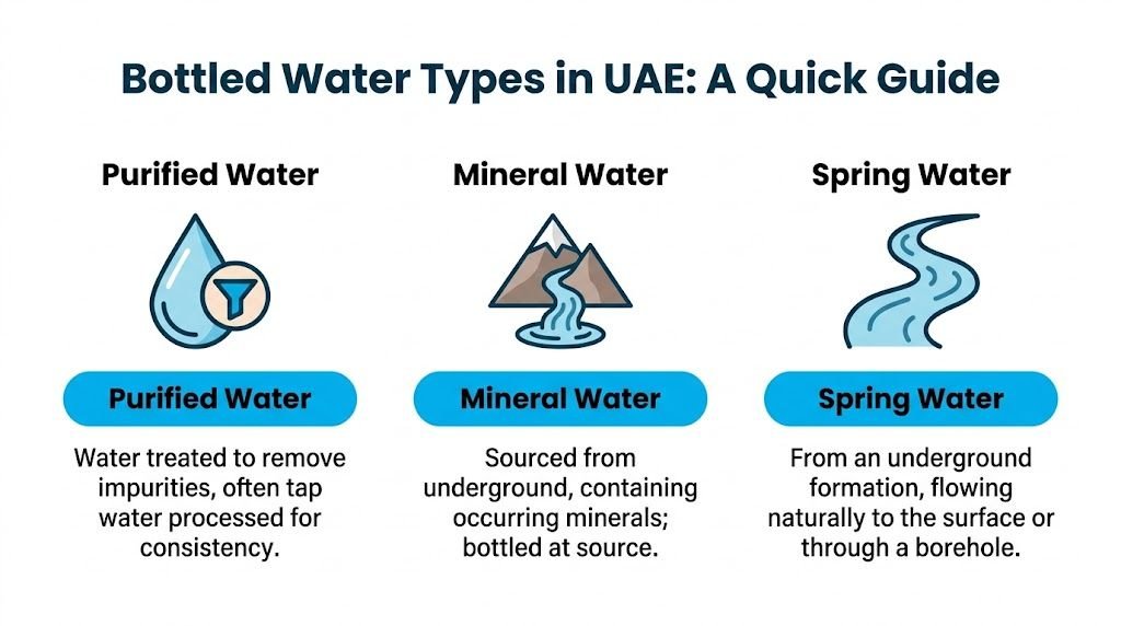 An educational infographic outlining the differences between purified water, mineral water, and spring water in the UAE.