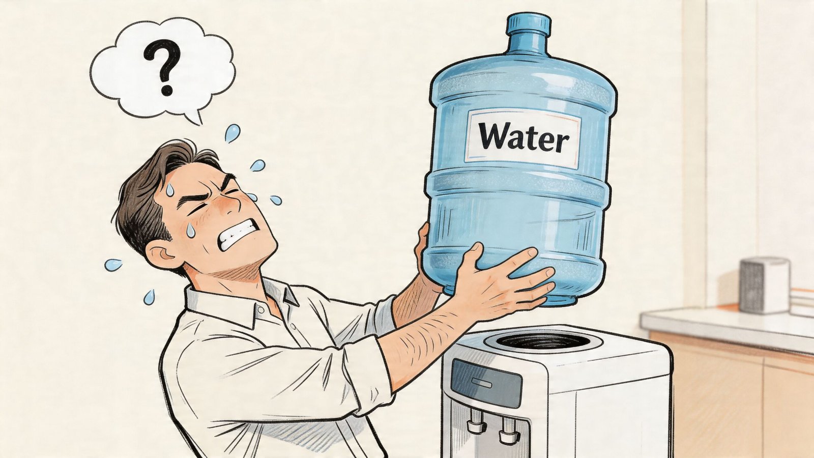 A struggling man trying to lift a heavy water bottle onto a top loading water dispenser.