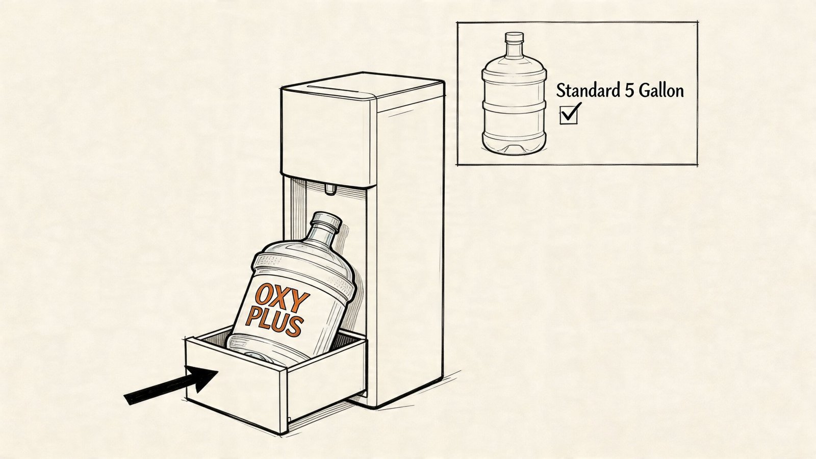 Line art illustration of a bottom load water dispenser with a five gallon water jug being inserted.