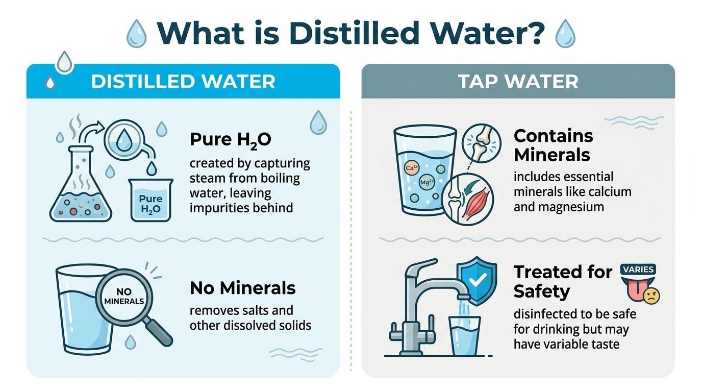 A comparison infographic showing the key differences between distilled water and tap water for healthy hydration.