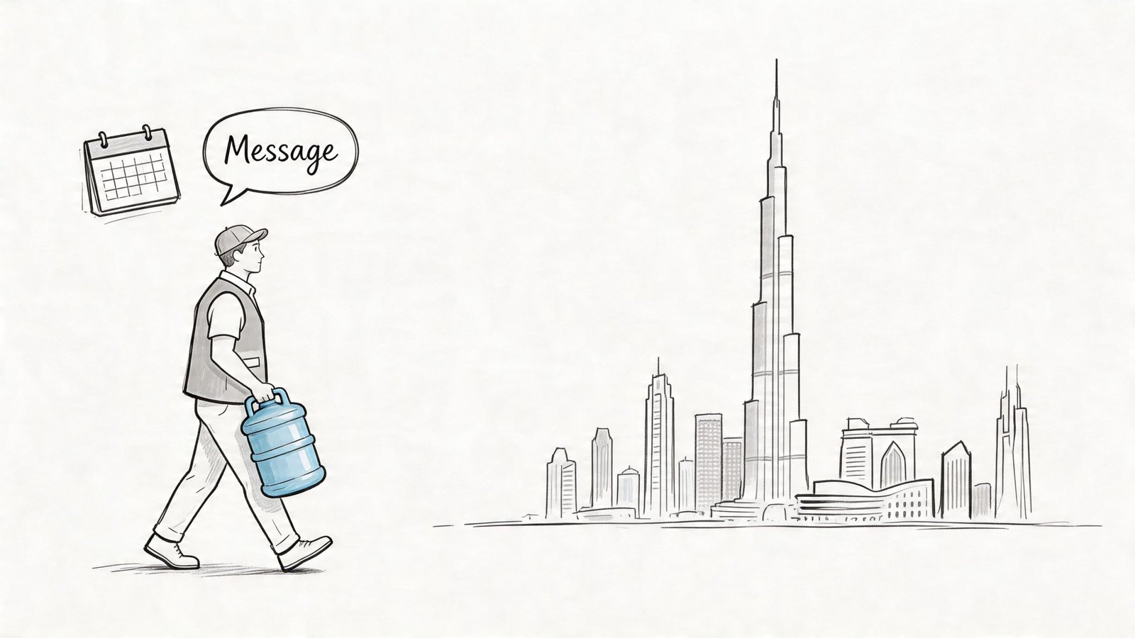 A water delivery man carrying a blue jug walking toward the iconic Dubai skyline with a calendar icon.