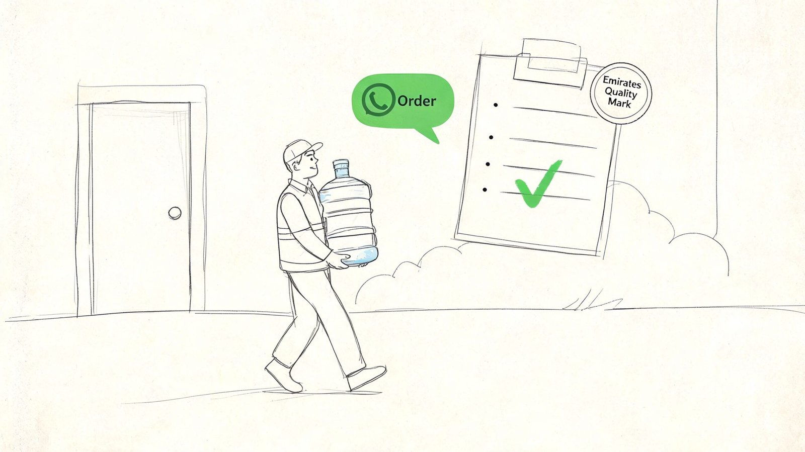 A delivery person carries a large water bottle towards a door with a quality mark checklist nearby.