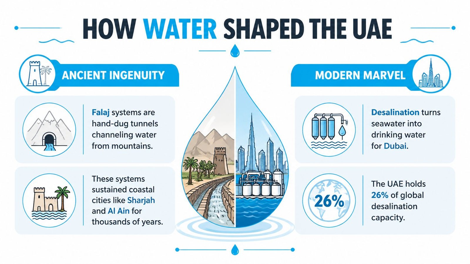 An infographic illustrating how historical Falaj systems and modern desalination contribute to UAE water supply.
