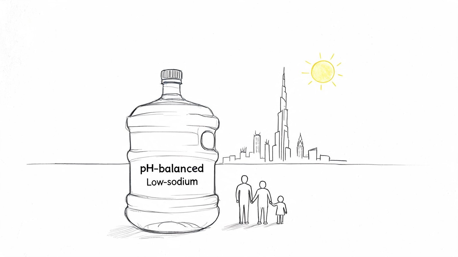 A hand-drawn illustration of a large water jug featuring the Dubai skyline with the Burj Khalifa.