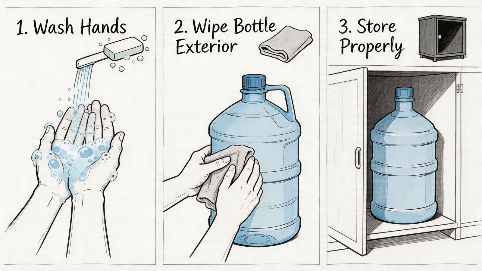 An illustration showing three simple steps to handle a water bottle: washing hands, wiping the bottle, and storing it.