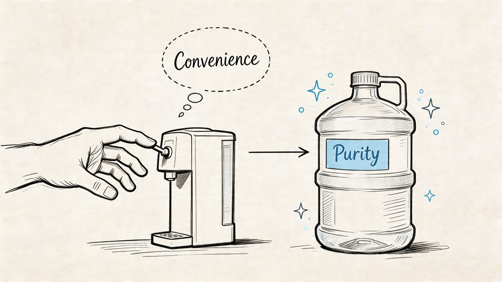 A hand pressing a water dispenser button, illustrating the convenience and purity of bottled water systems.