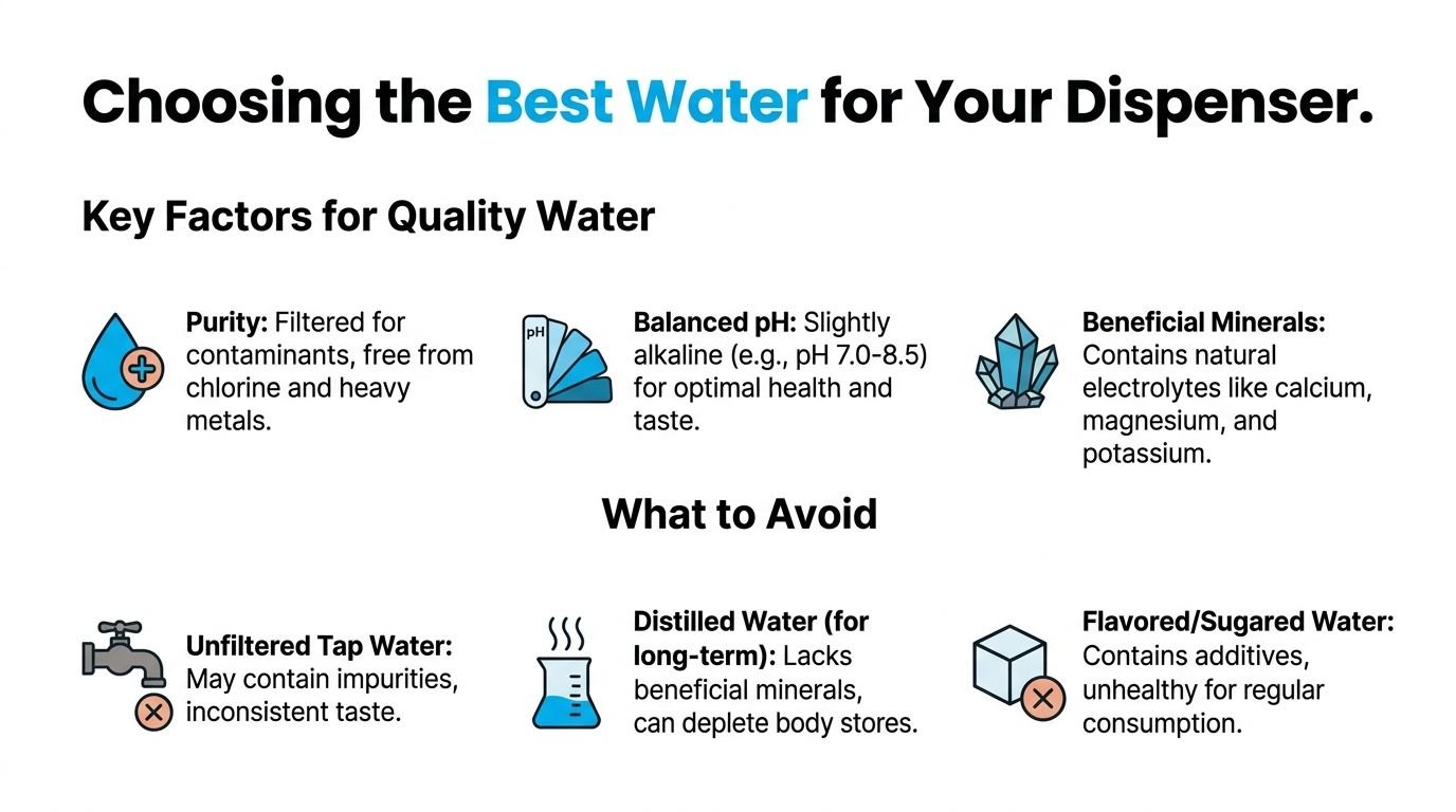 An infographic showing guidelines for choosing high-quality water and types of water to avoid for dispensers.