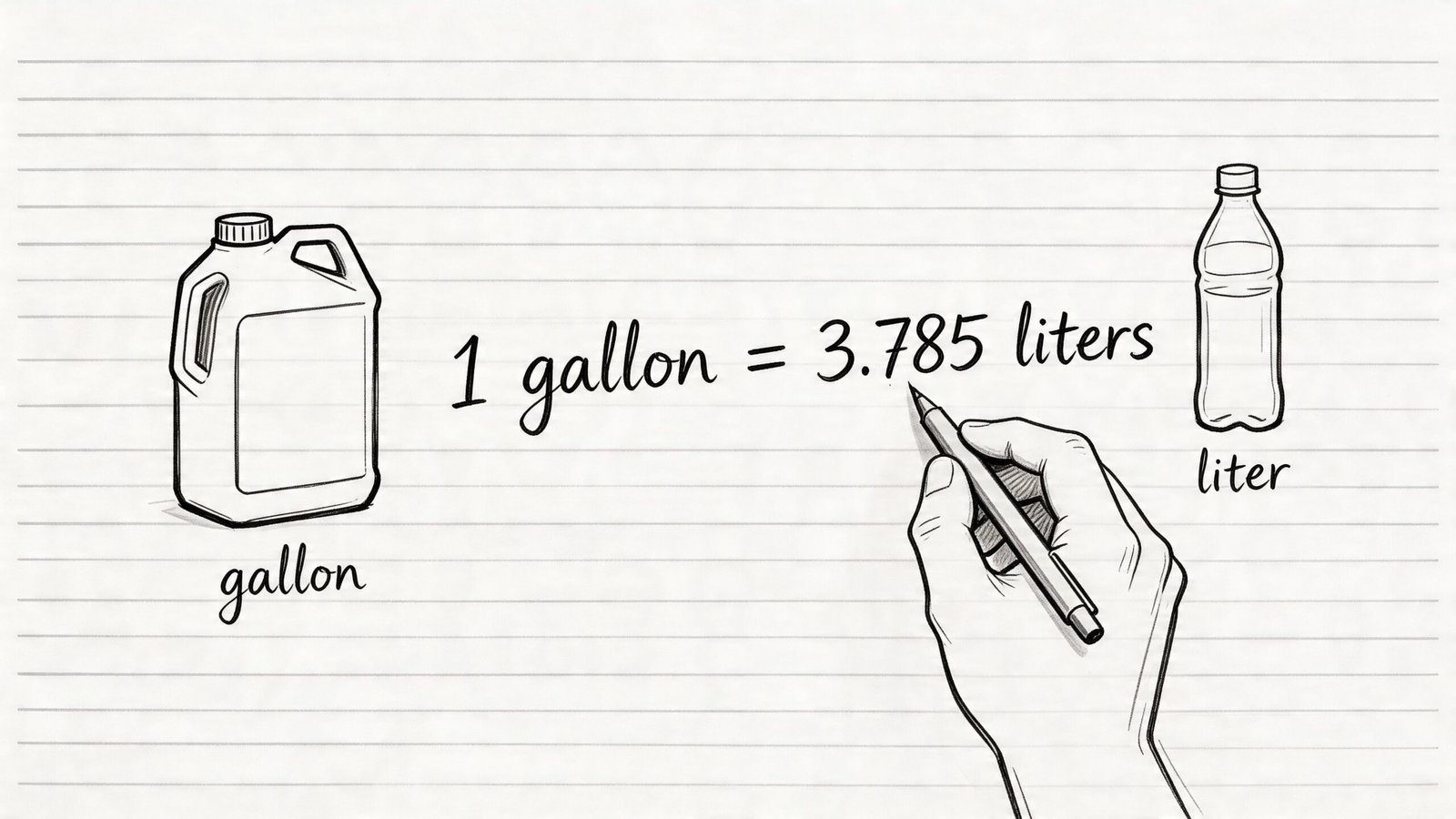 A hand holding a pen writing the mathematical conversion that one gallon equals 3.785 liters on paper.