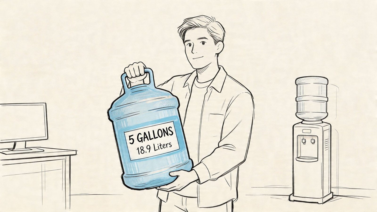 A young man holding a large water jug labeled 5 gallons and 18.9 liters in an office.