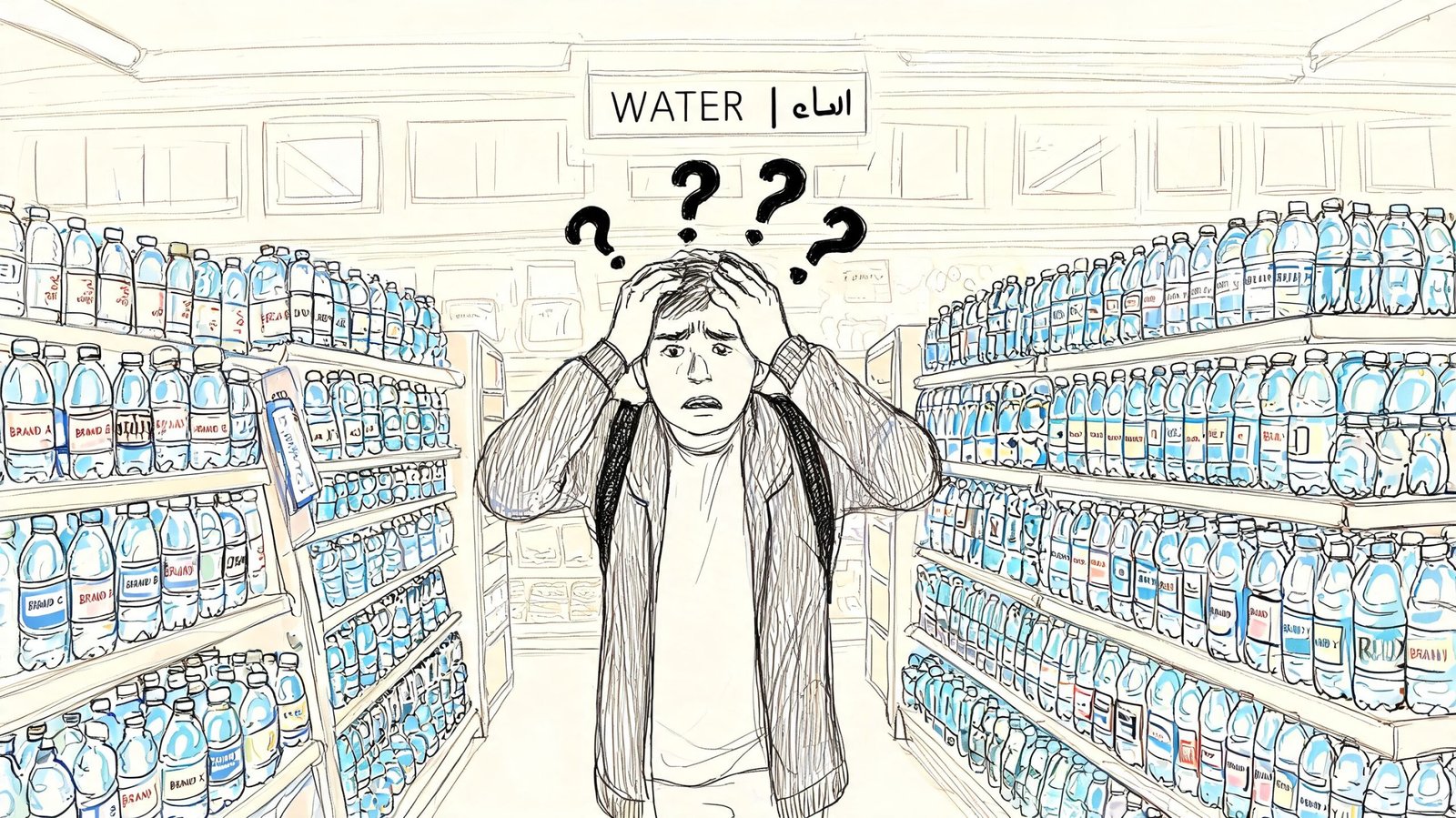 A sketched illustration of a confused person standing in a supermarket aisle surrounded by many bottles of water.