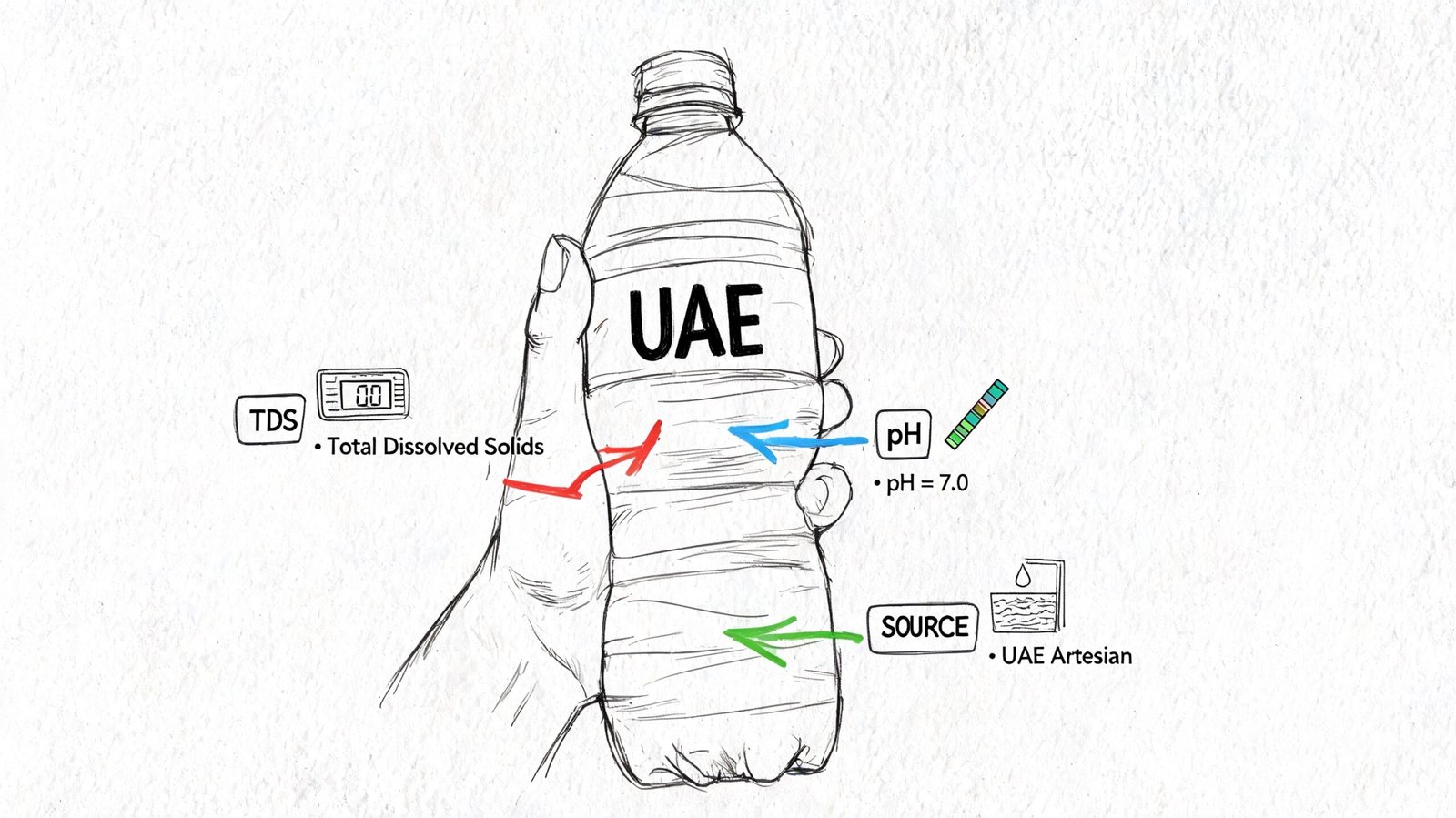 A hand holding a water bottle with labels for TDS, pH level, and the water source.