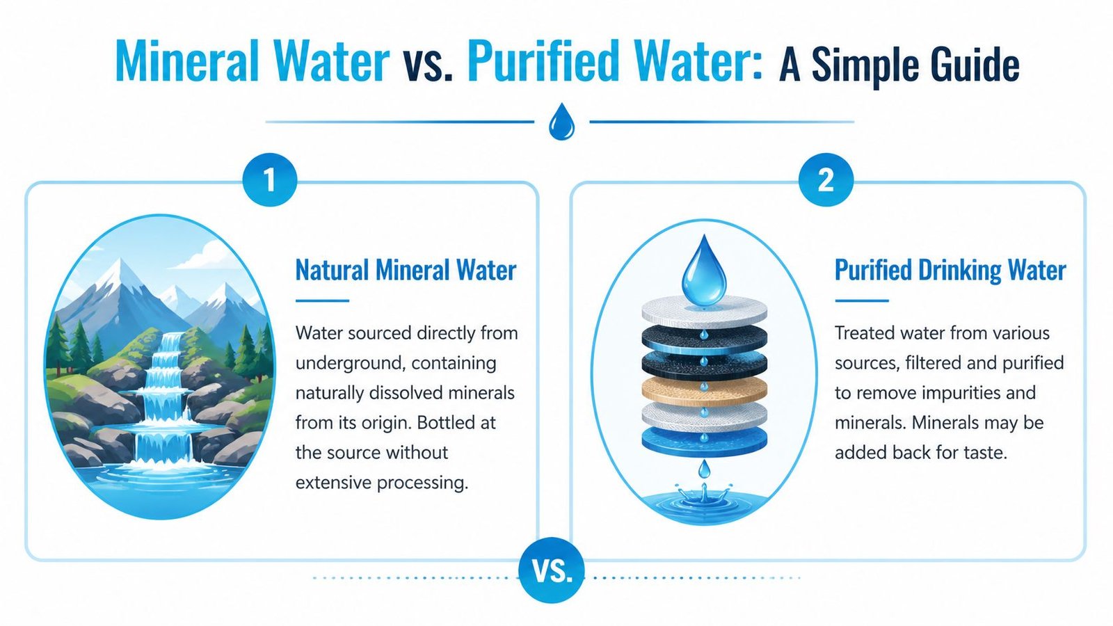 An infographic comparing natural mineral water and purified drinking water with descriptive text for each.