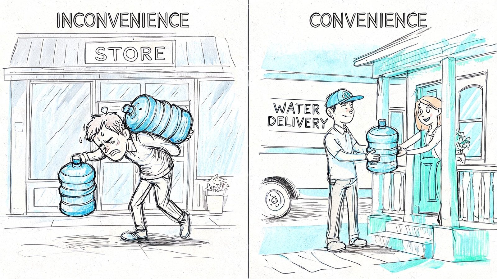 A comparison showing the physical struggle of carrying water versus the ease of home water delivery service.