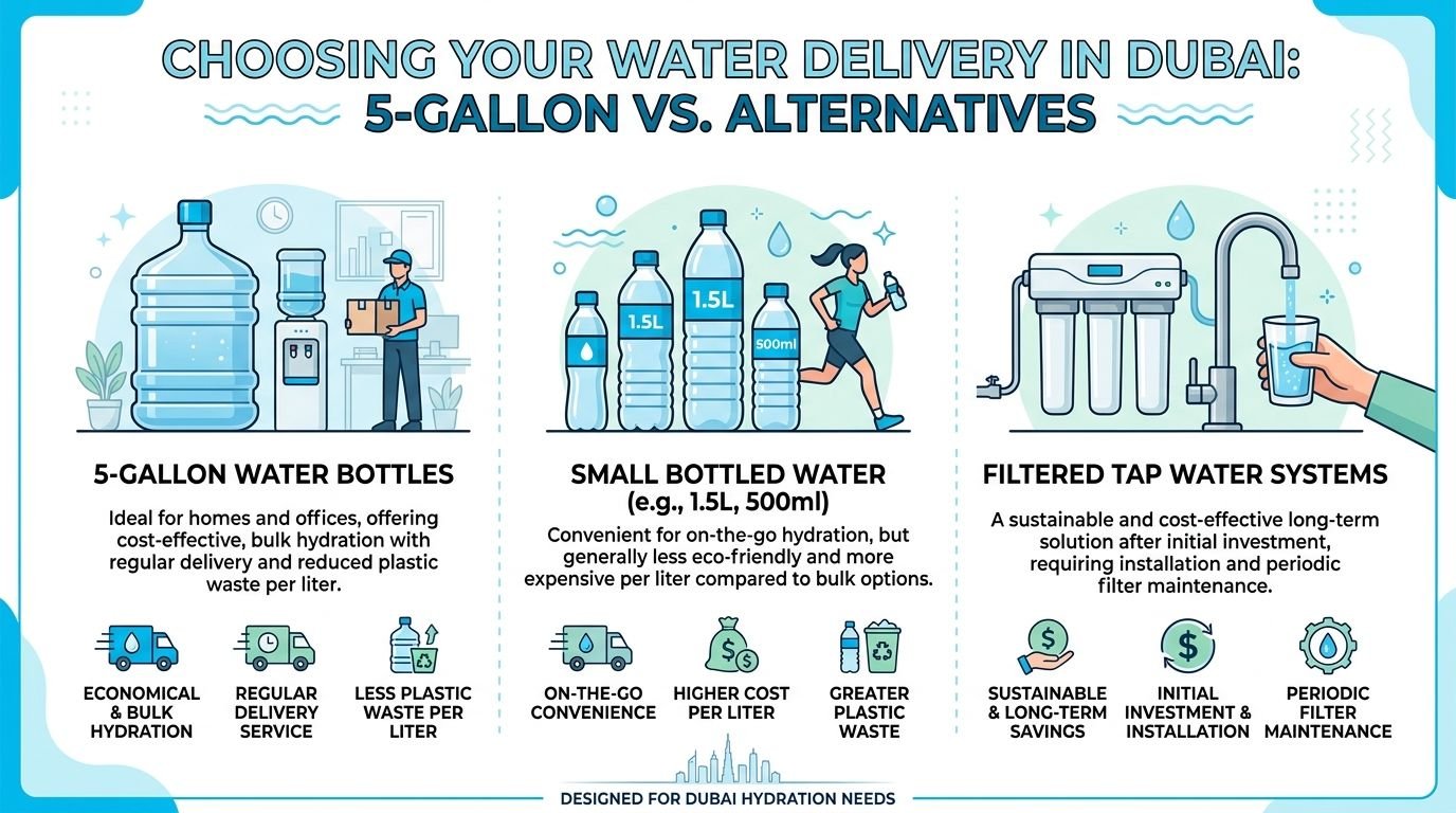 A comparison infographic showing three water delivery options in Dubai: 5-gallon bottles, small bottles, and filtered tap systems.
