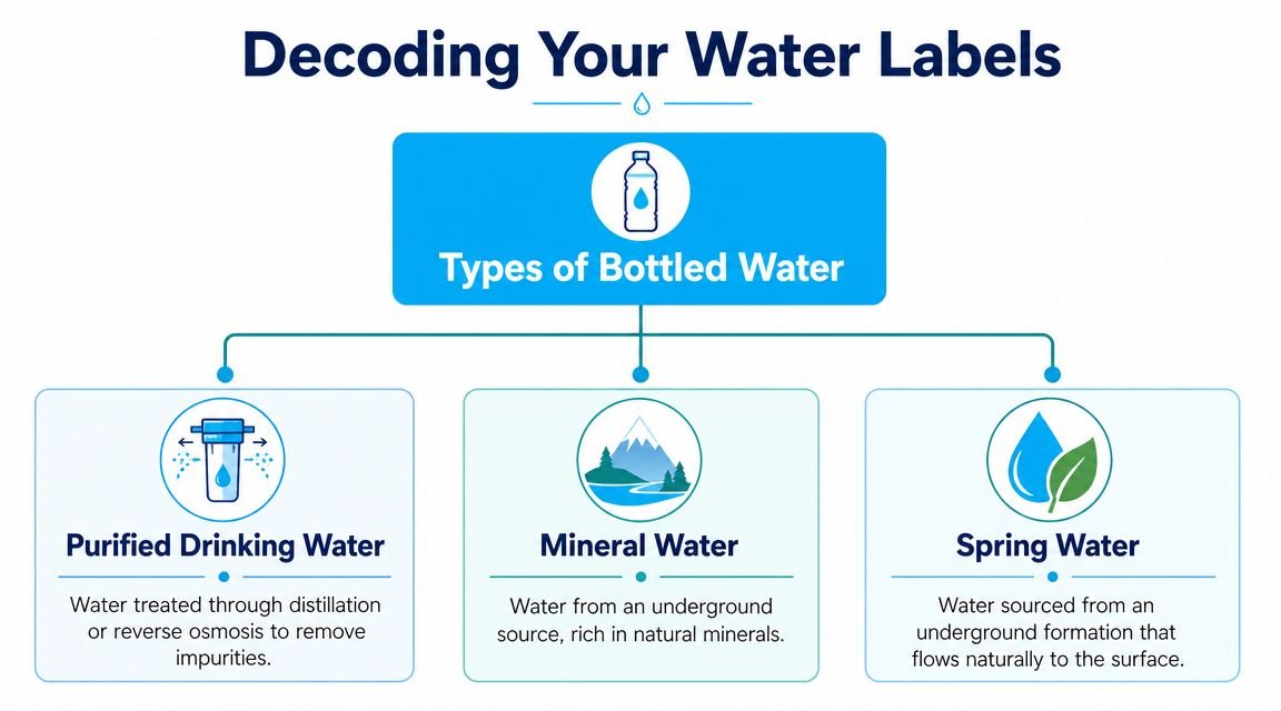 A visual guide explaining the differences between purified, mineral, and spring bottled water types.