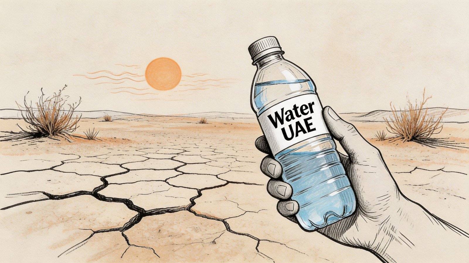 A hand holding a plastic water bottle labeled Water UAE in a parched, cracked desert landscape.