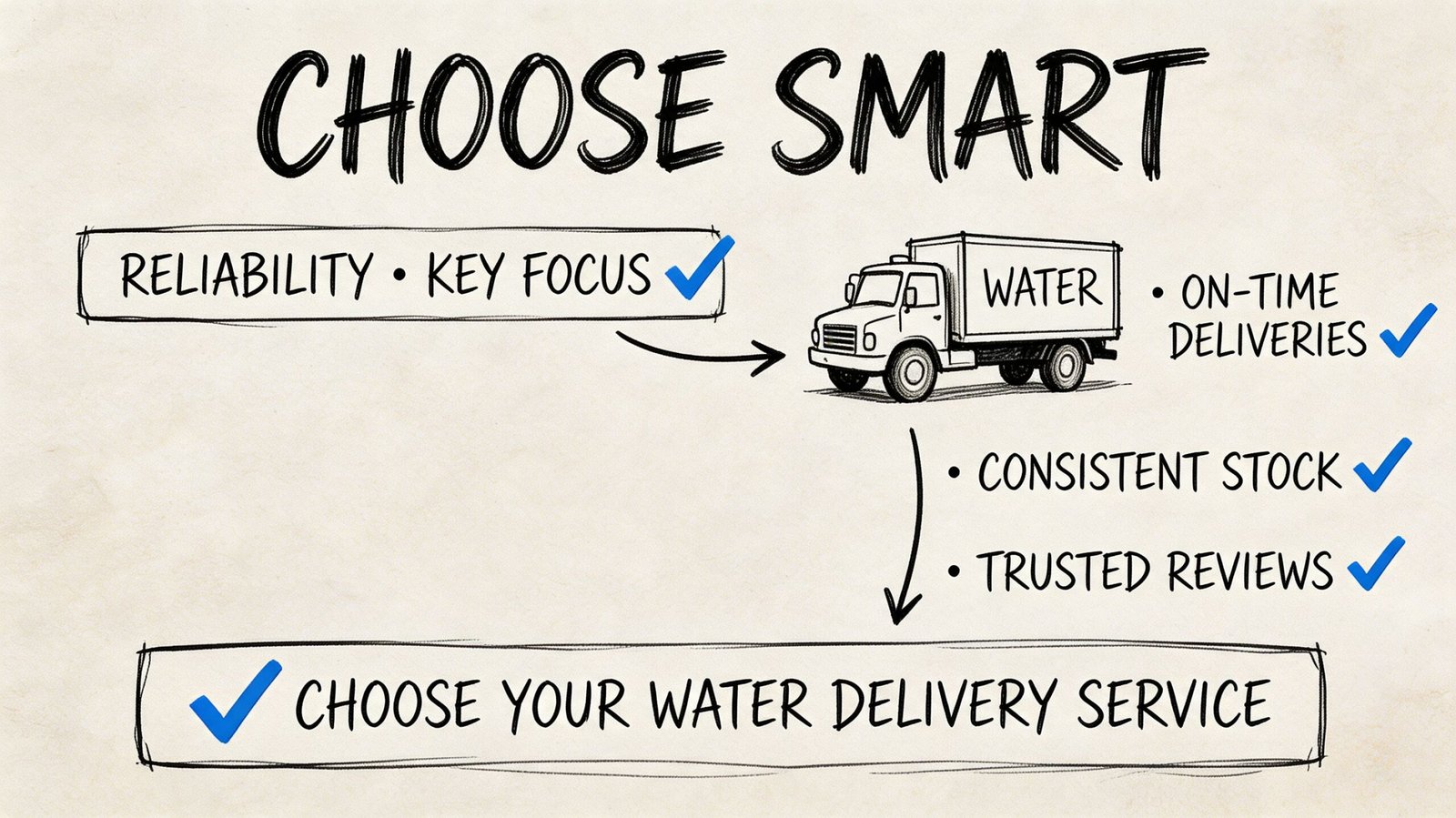 A hand-drawn graphic illustrating factors for choosing a reliable water delivery service with checkmarks.