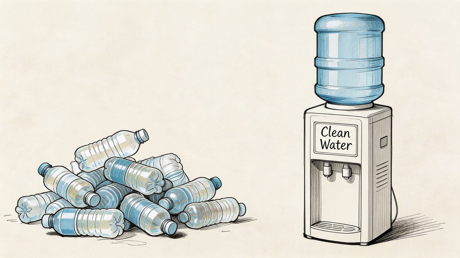 A pile of discarded plastic water bottles beside a large office water cooler dispenser unit.