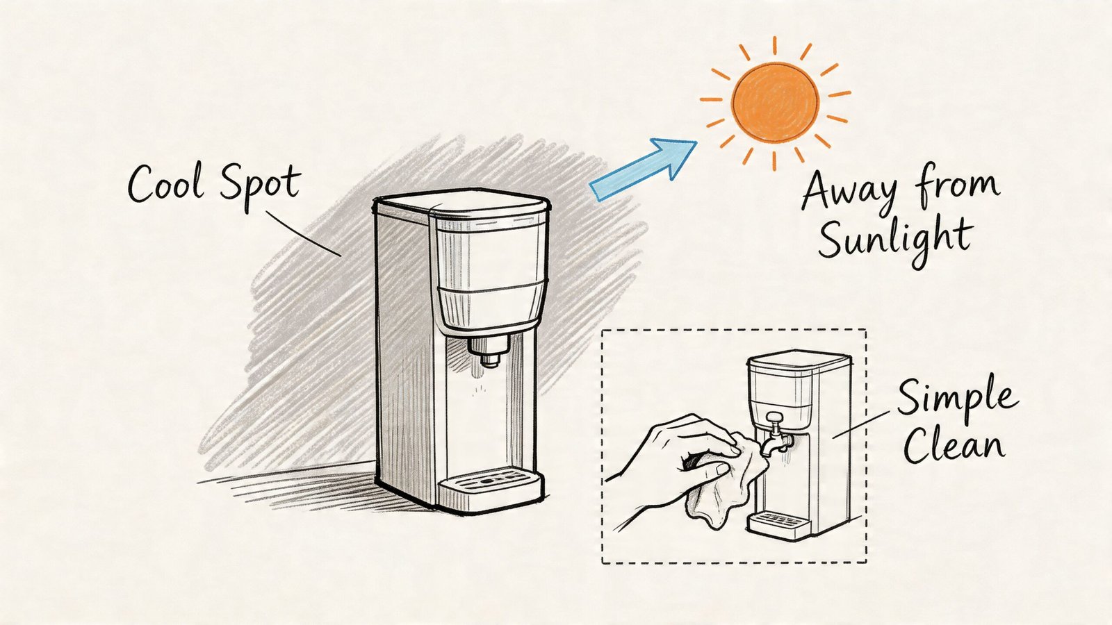 A line drawing illustration showing proper maintenance of a water dispenser for home or office use.