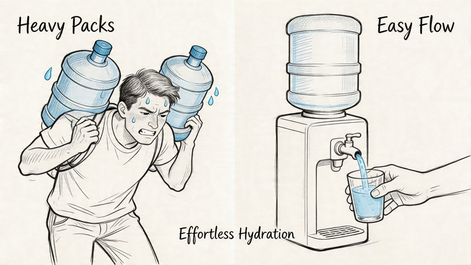 A split image showing a man struggling to carry two water jugs versus using a water dispenser.