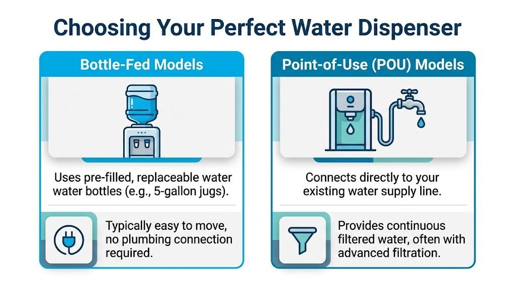 An informative infographic comparing bottle-fed water dispensers and point-of-use water dispensers for home or office use.