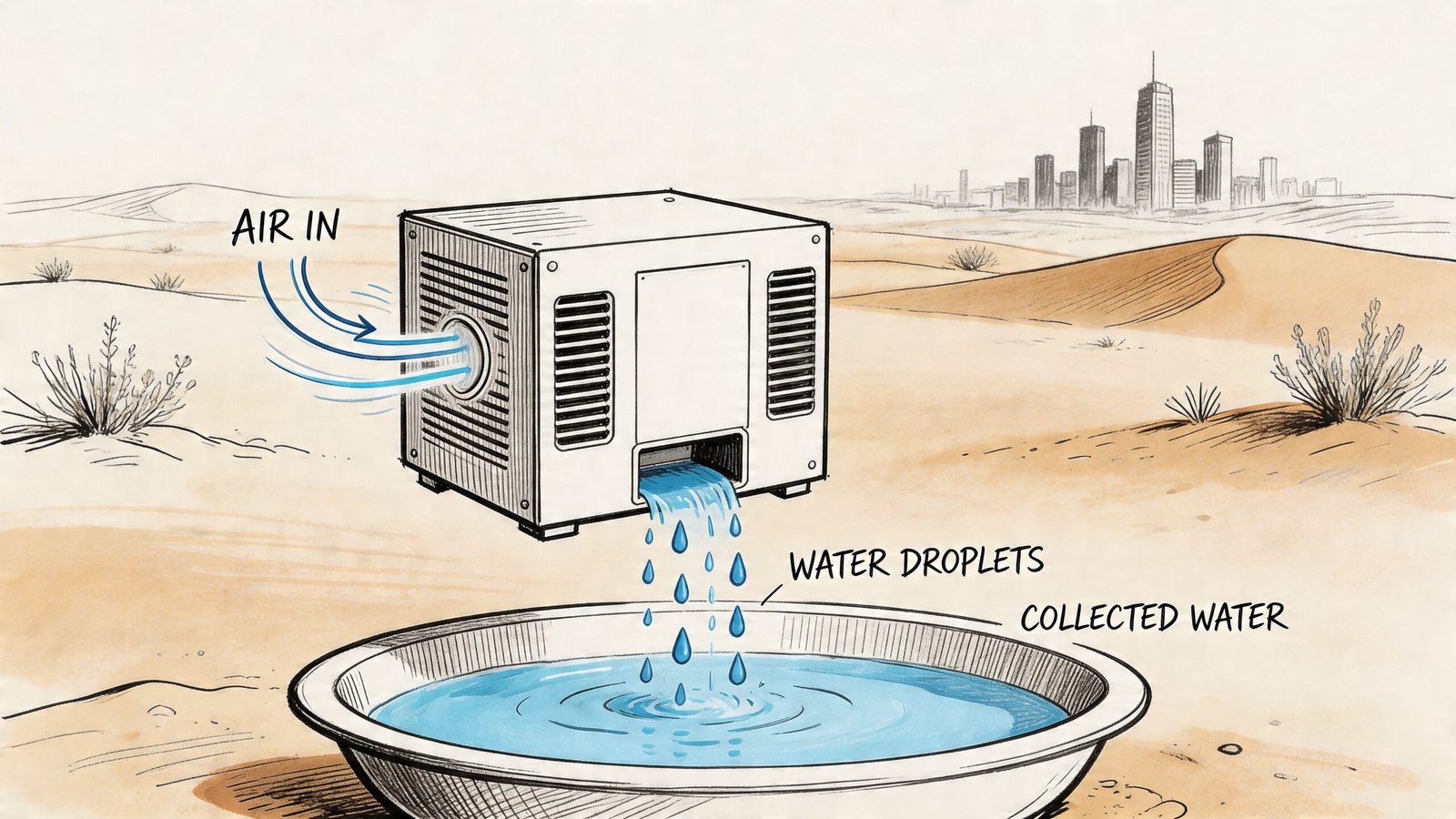 A conceptual illustration of a water generation device extracting humidity from air in a desert environment.