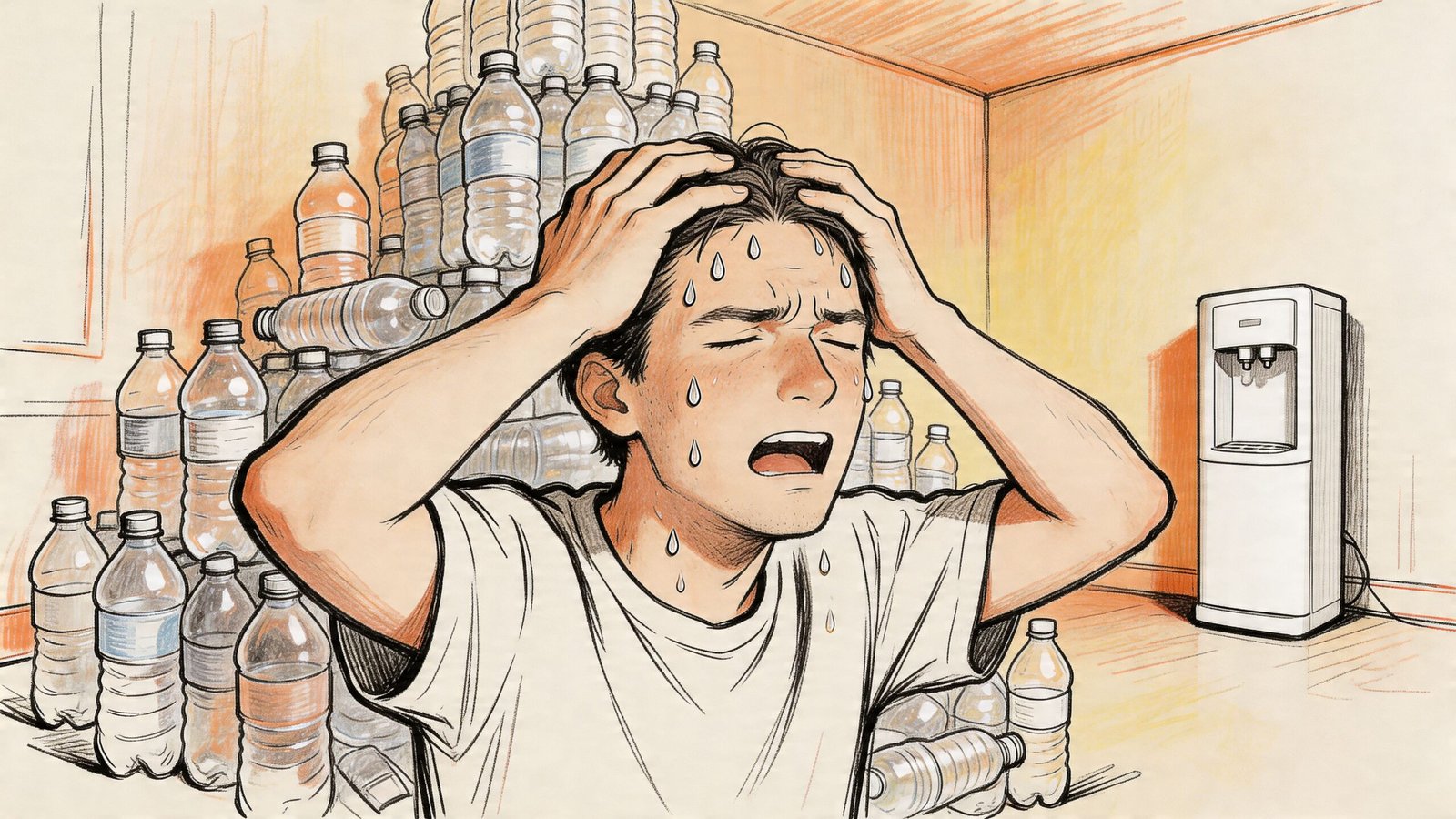 A distressed person surrounded by many empty plastic water bottles with a water dispenser nearby.