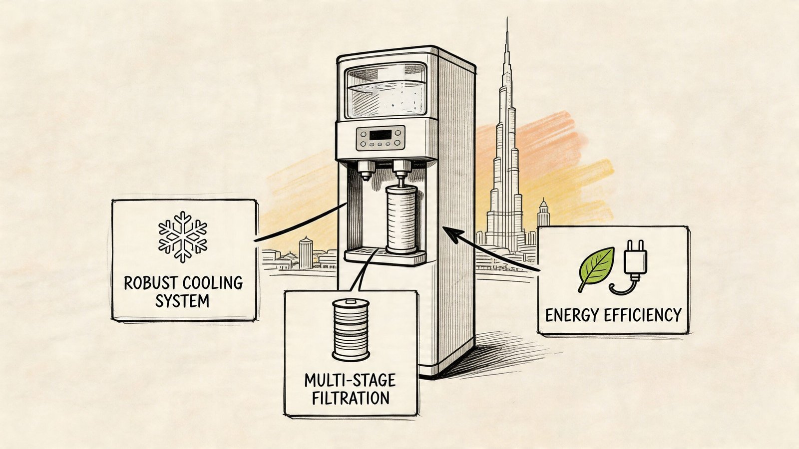 A sketched illustration of a water dispenser with cooling, filtration, and energy efficiency features in Dubai.