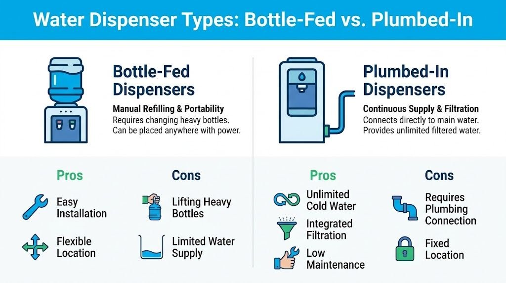 A comparison infographic between bottle-fed and plumbed-in water dispensers illustrating pros and cons for each type.