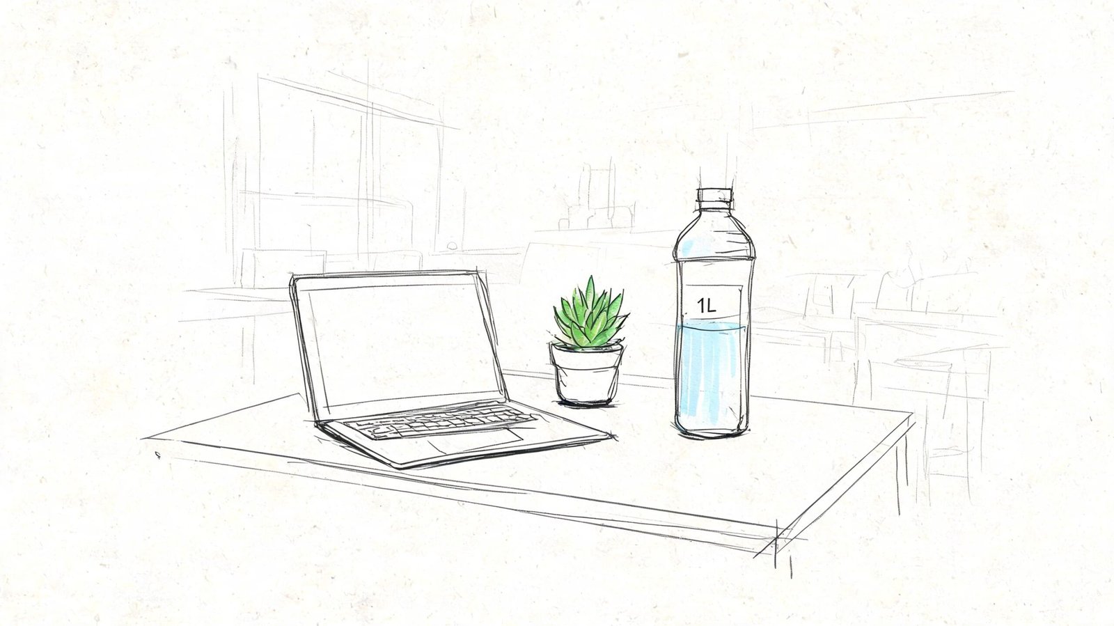 A simple hand-drawn sketch of a laptop, a small potted plant, and a one liter water bottle.