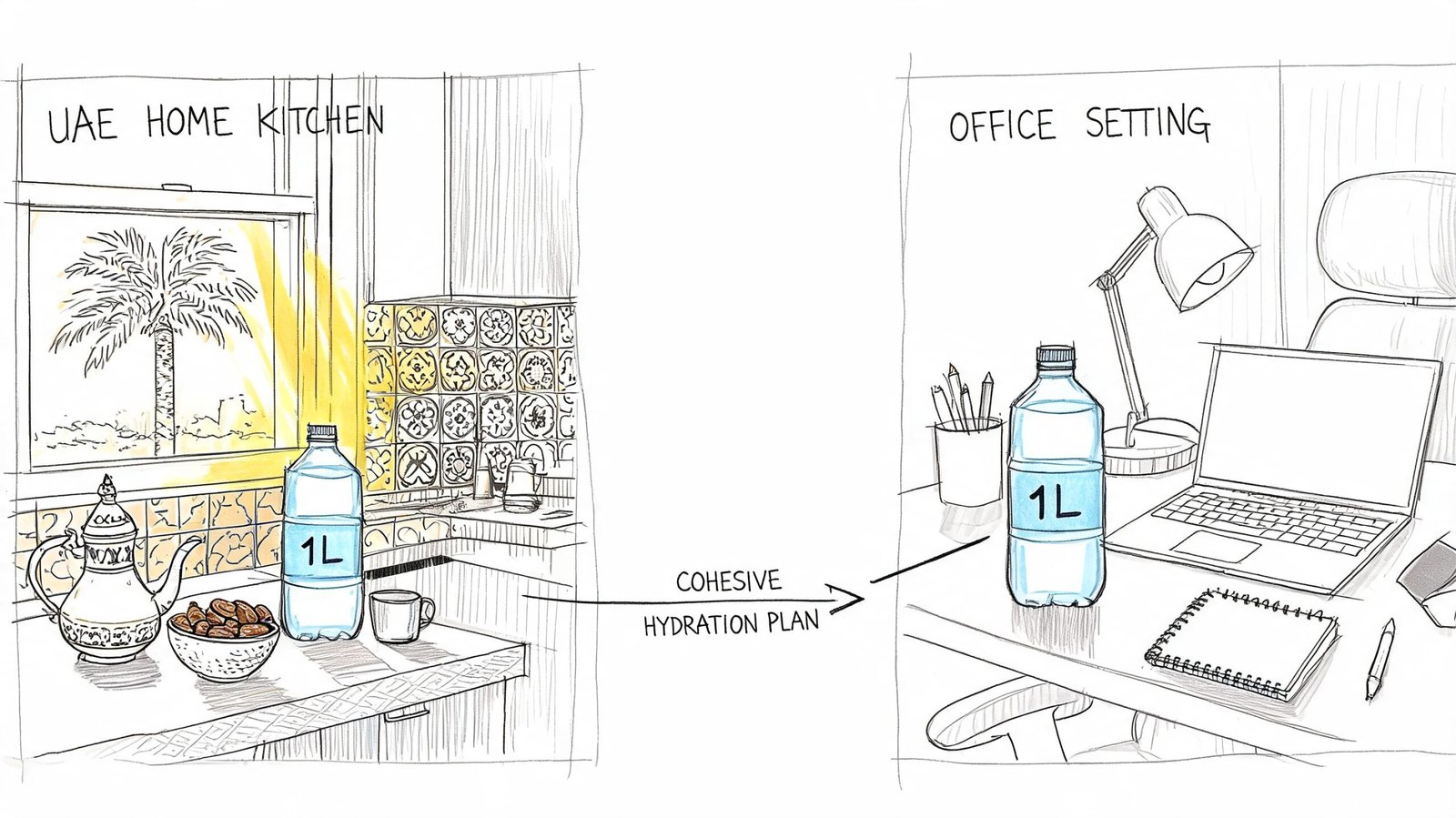 A line drawing showing a one liter water bottle transitioning from a home kitchen to an office desk.
