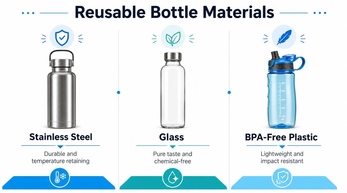 A comparison infographic showing three reusable bottle materials: stainless steel, glass, and BPA-free plastic.