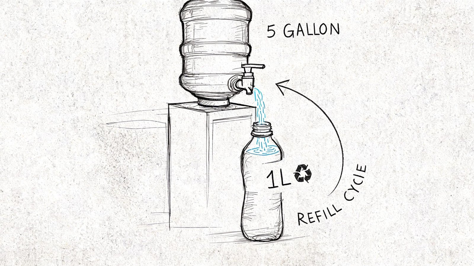 A line drawing illustration showing a five-gallon water jug refilling a one-liter reusable plastic water bottle.