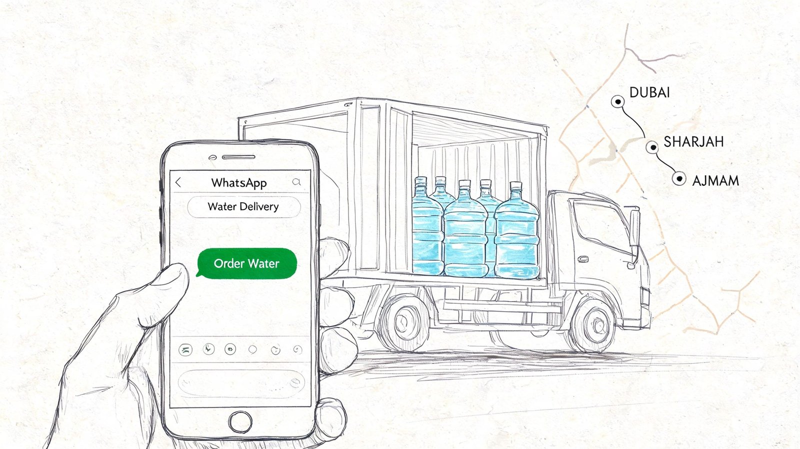 A hand holding a smartphone ordering water delivery with a supply truck visible in the background.