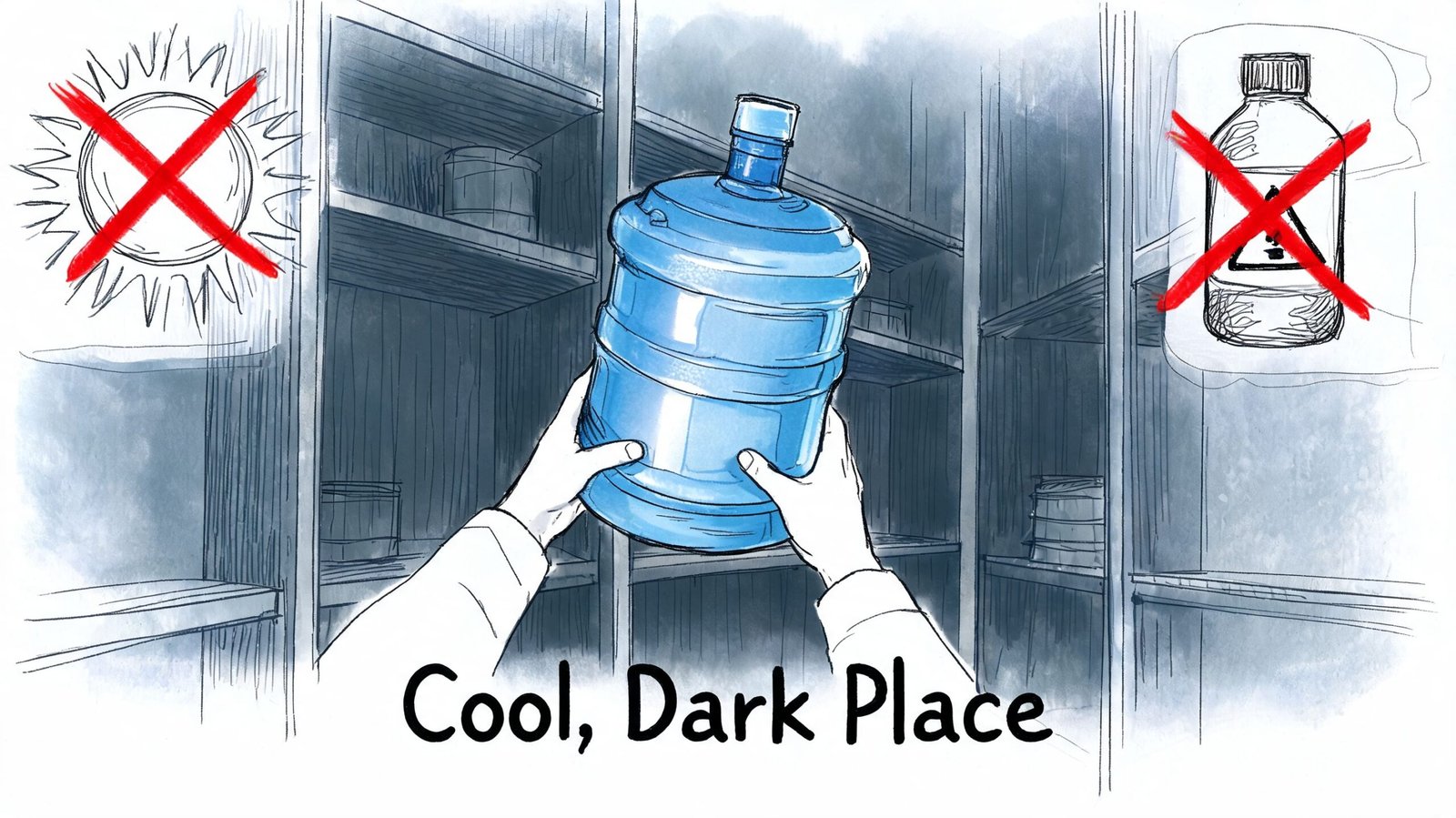A person placing a large water bottle on a shelf in a cool, dark storage area.