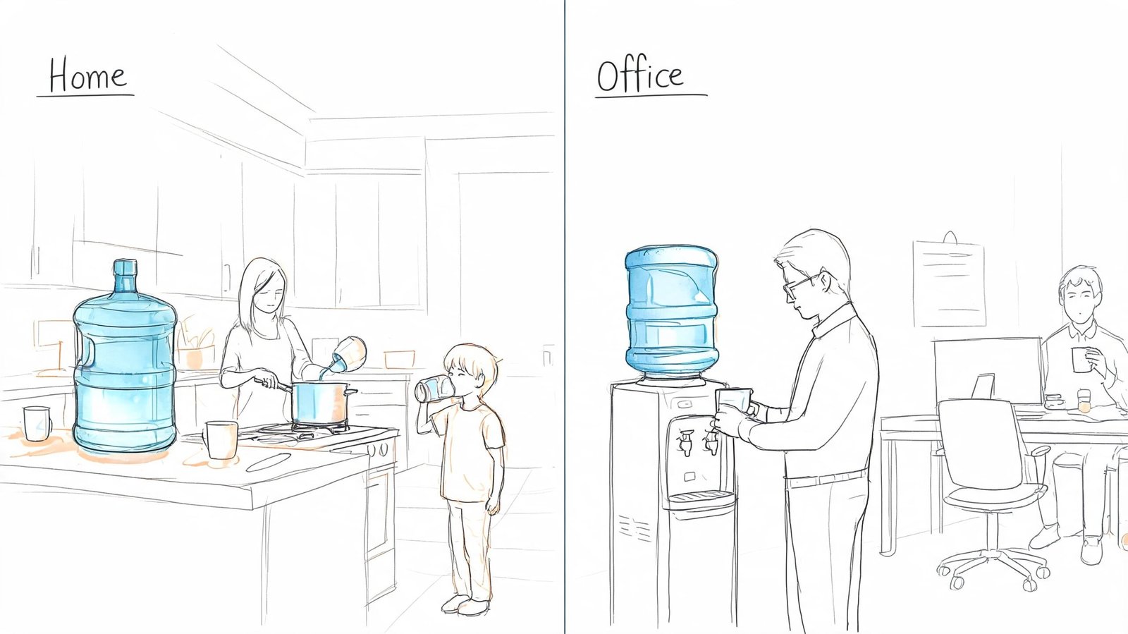 A split illustration showing a 5 gallon water jug used at home and in an office setting.